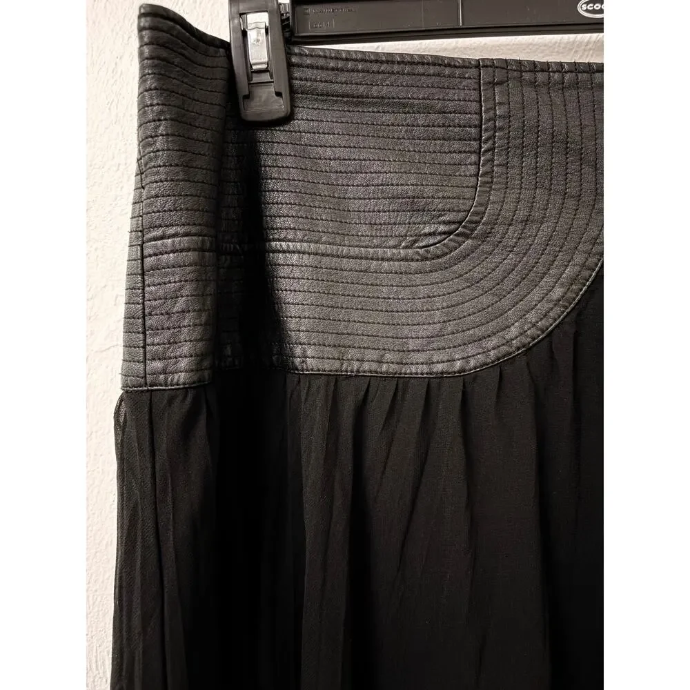 By Anthropologie Black Maxi Skirt 16 Faux Leather Yoke Goth Sheer Flowy